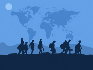Silhouetten von Familien vor Weltkarte, Familiennachzug Deutschland