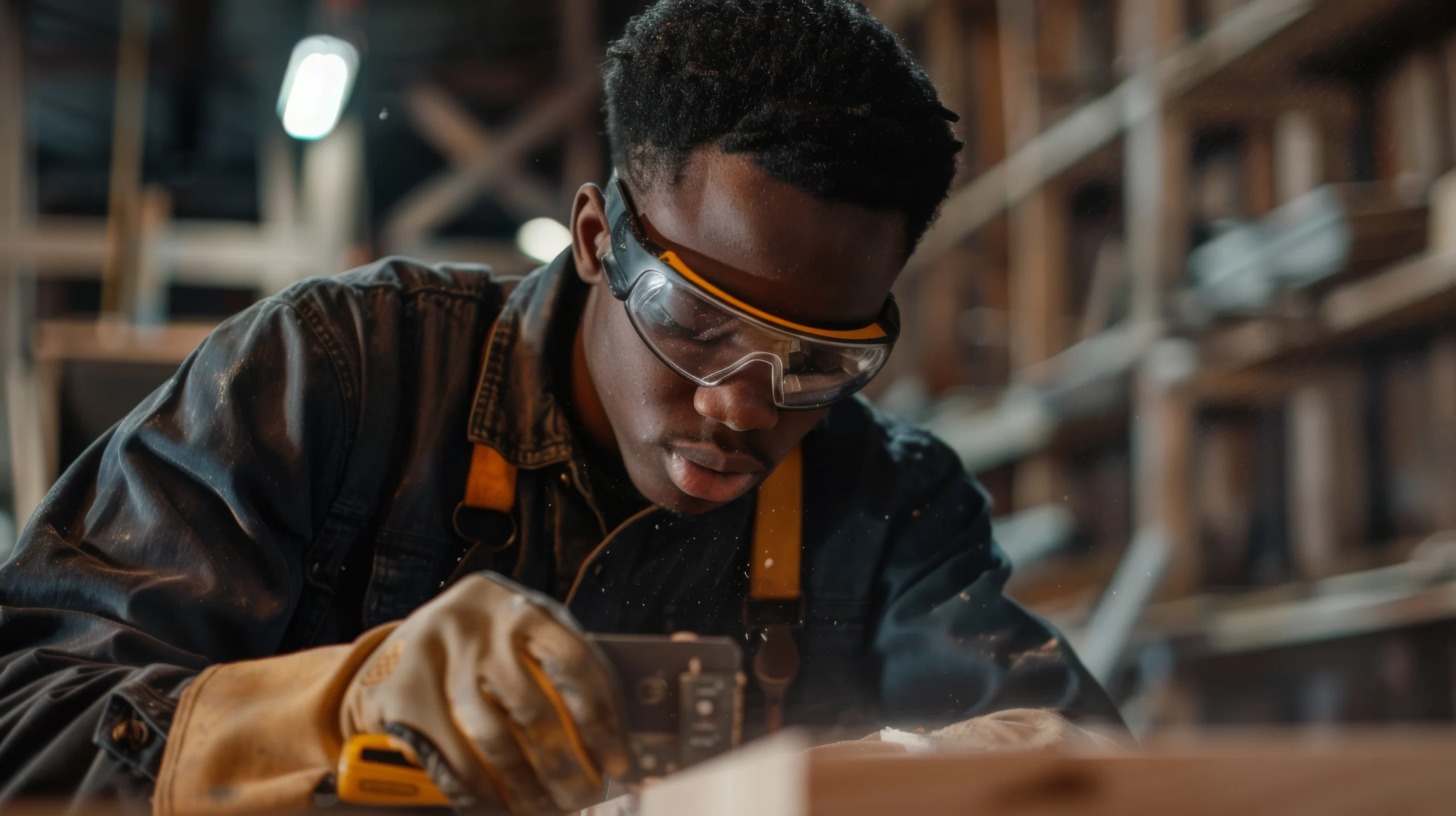 Handwerker mit Schutzbrille bearbeitet Holz, Sinnbild für eine Beschäftigung nach § 19c AufenthG ohne anerkannten Berufsabschluss